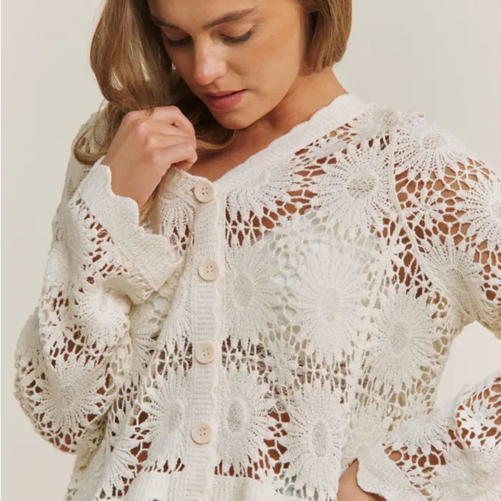 Elegant Cream Crochet Cropped Cardigan